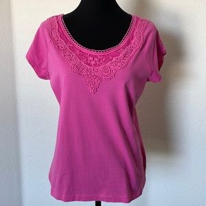 Lauren Ralph Lauren Womens Size L Embroidered Lace Trim Short Sleeve Top Pink